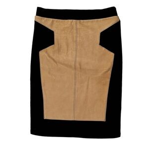 Love Zoey High/Low Black & Tan Lambskin Leather + Cotton Stretch Casual Skirt M